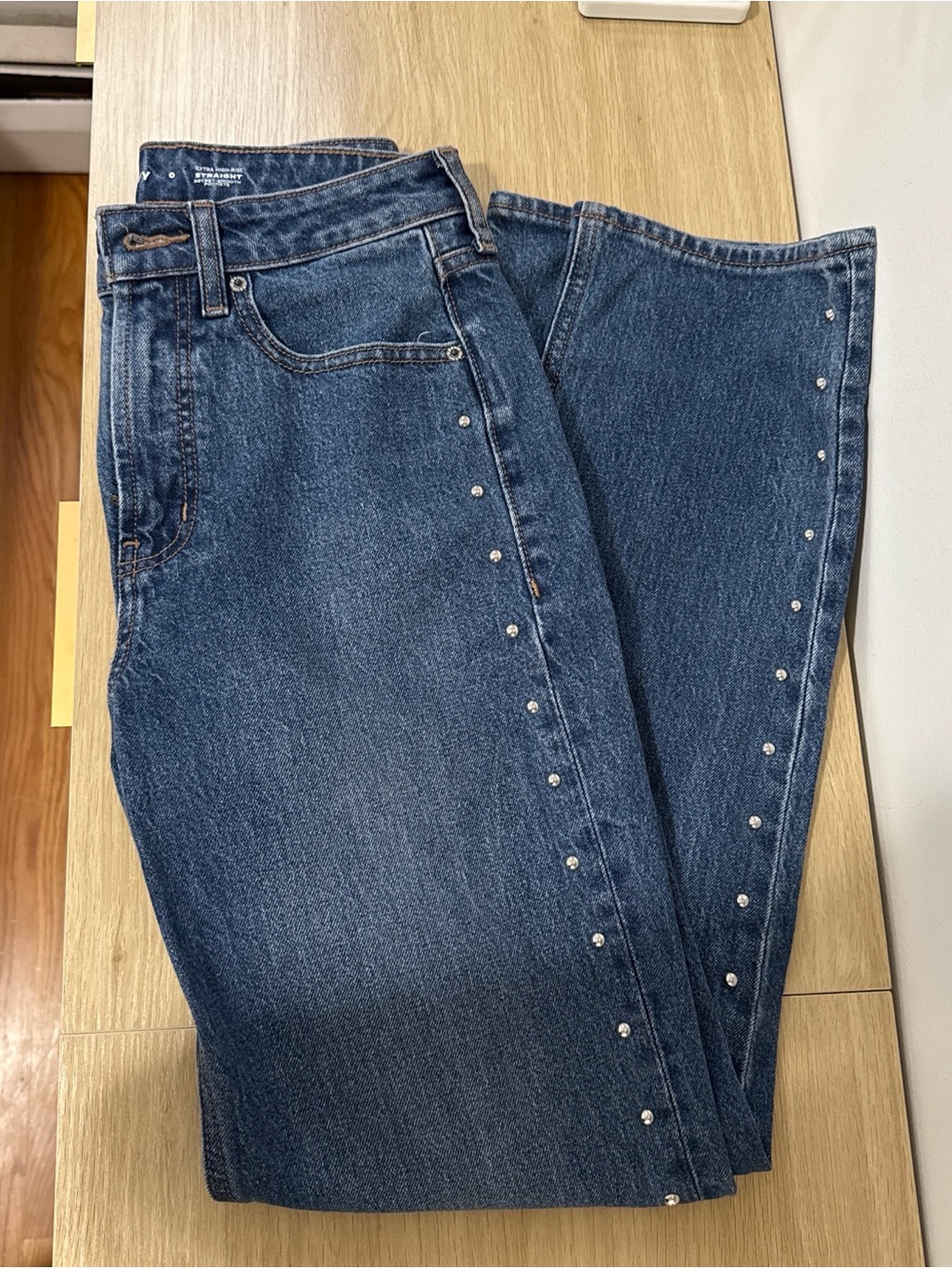 Dark Blue Straight Leg Jeans with Silver Stud Side Detail